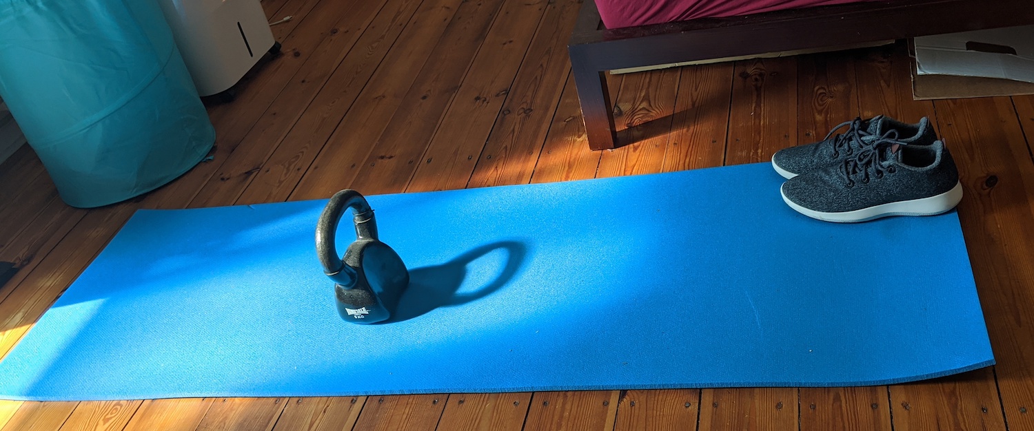 Getting ready to work out at home -- weights, mat and shoes